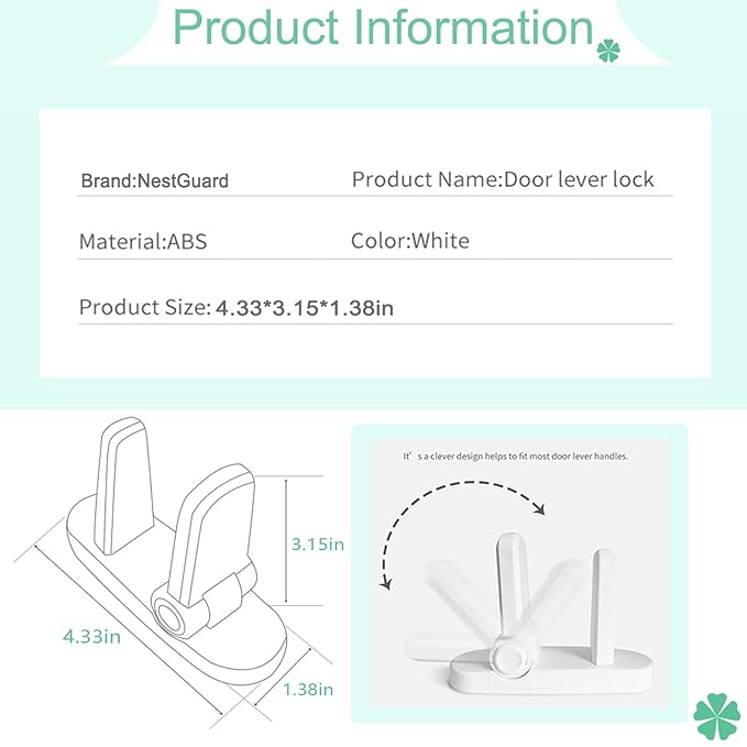 Door Lever Lock 1 Pack, No Drilling ABS Material Door Handle Baby Proof with Strong 3M Adhesive White