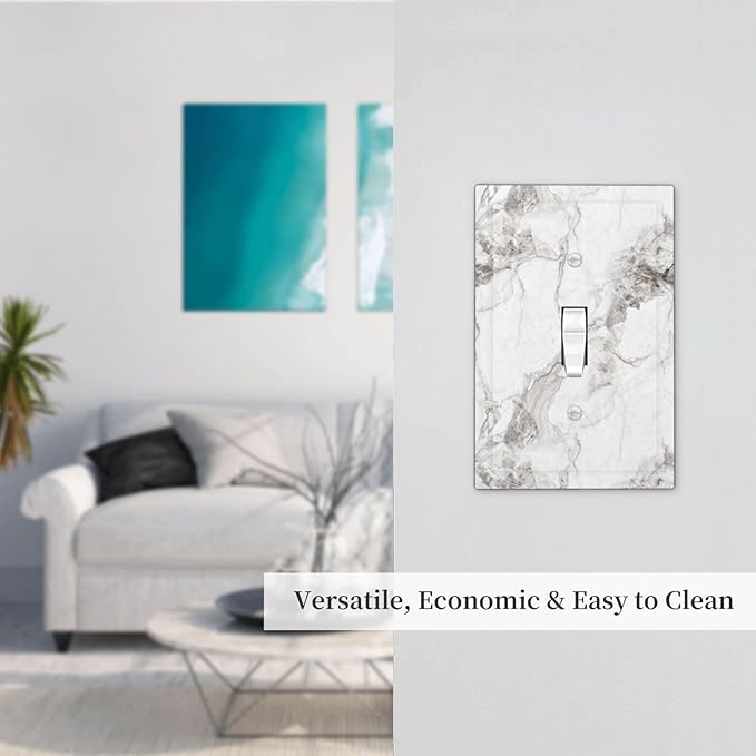 White And Gray Marble Patterns Texture Abstract Print Decorative Light Switch Cover 1 Gang Single Toggle Device Electrical Faceplate Switchplates Decorator Outlet Wall Plate for Bathroom Kitchen Decor