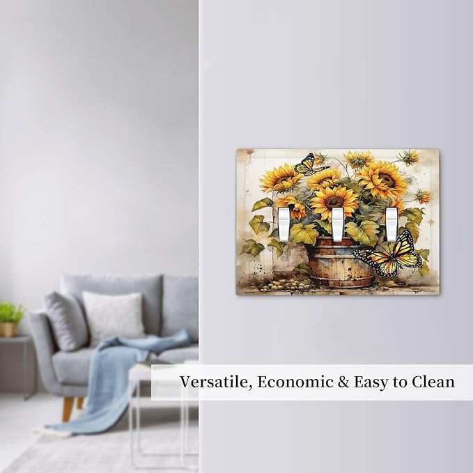 Decorative Switch Plates Rustic Vintage Sunflower Bouquet Butterfly 3 Gang Wall Plate Faceplate Triple Toggle Light Switch Cover Electrical Wall Panels for Farmhouse Cabin Decor