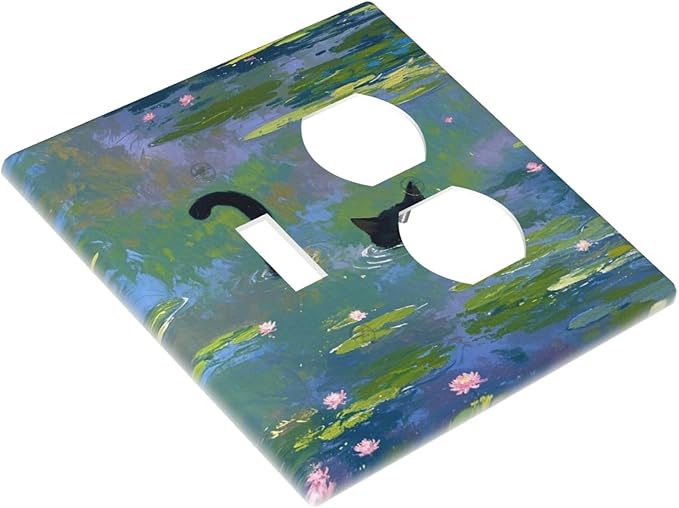 Outlet Covers Cute Black Cat Water Lily Pond Watercolor 2 Gang Decorative Switch Plates 1 Toggle Duplex Combo Light Switch Cover GFCI Socket Cover WallPlates for Kids Room Nursery Decor
