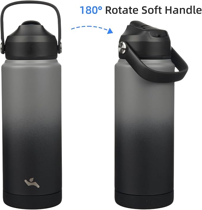 Konokyo Insulated Water Bottle with Straw Lid,24 oz Stainless Steel Vacuum Metal Bottle with Silicone Handle,Gray Black