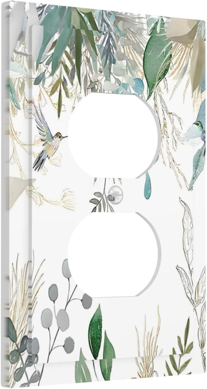 Green Tropical Palm Leaves Flower Plants Hummingbird Outlet Covers 1 Gang Duplex Light Switch Cover Decorative Switch Plates Electrical Receptacle Faceplate Wall Plate for Bed Room Living Room Decor