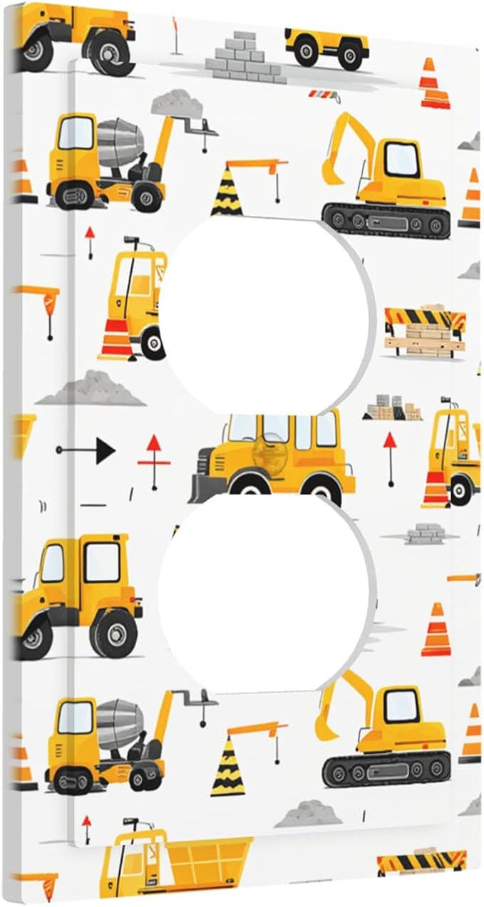 Construction Vehicles & Trucks Pattern Duplex Wall Plate - 1-Gang Standard US Size Little Builder's Dream Outlet Covers for Boy's Bedroom Decor