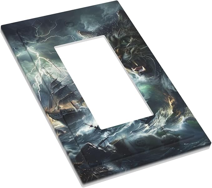Light Switch Cover Plate funny Cat Stormy sea Lightning Sailboats 1 Gang Outlet Covers Single Rocker Decorative Switch plates Electrical Wall Plates GFCI Receptacle for Bathroom Kid Room
