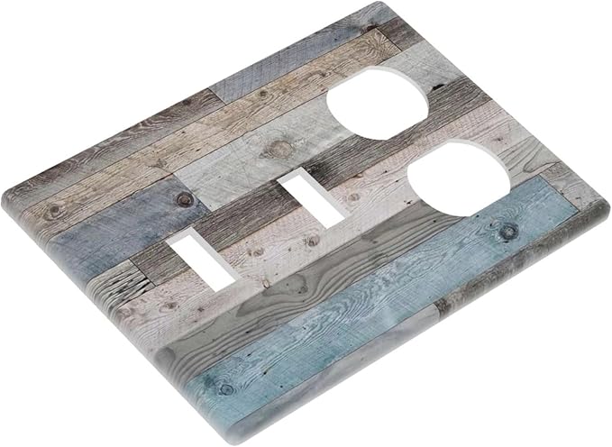 Western Barn Cabin Rustic Kitchen Country Teal Wooden Wood 3 Gang Combination 2 Toggle 1 Duplex Receptacle Light Switch Wall Plates and Outlet Cover Triple Device Combo Two Toggle One Receptacle Cover