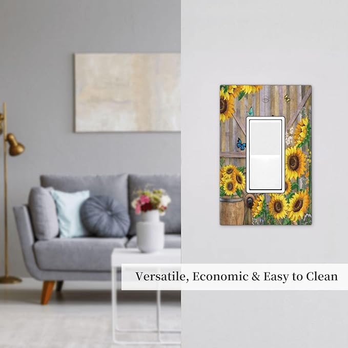 Rustic Sunflower Barn Door Country Wood Plank Butterfly 1 Gang Rocker Light Switch Covers Decorative Single Decora Outlet Wall Plate Faceplate Switchplate GFCI for Farmhouse Bathroom Bedroom Decor