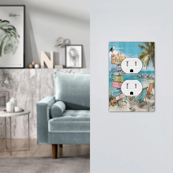 Ocean Beach Tropical Palm Tree Coastal Seaside Outlet Covers 1 Gang Duplex Light Switch Cover Decorative Switch Plates Electrical Receptacle Faceplate Wall Plate for Kids Room Living Room Decor
