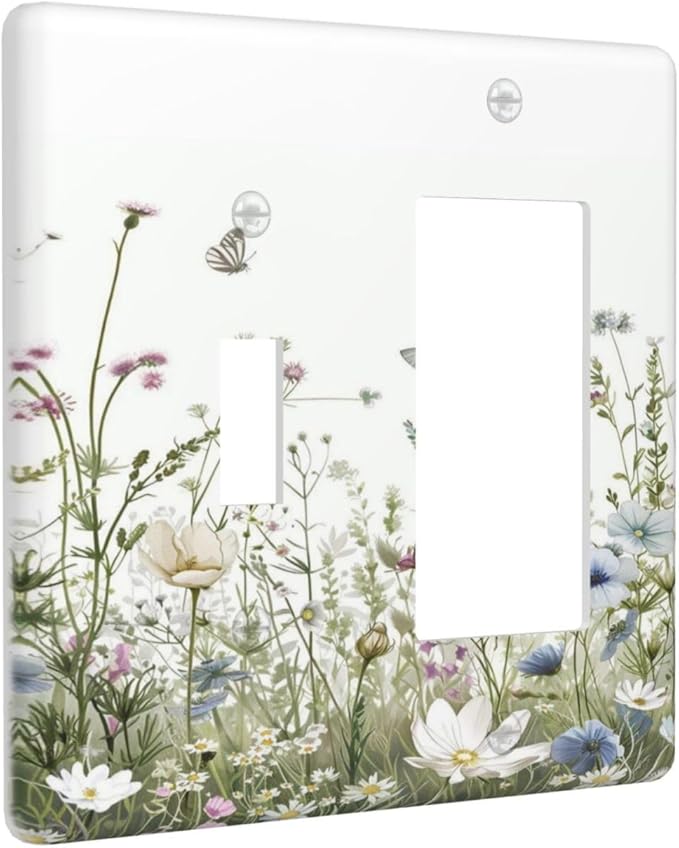 Colorful Wildflowers Daisy Plant Butterfly Floral Outlet Covers 1 Toggle 1 Rocker Combination Decorative Wall Plate Electrical Switch Plates Light Switch Cover Plate for Bed Room Living Room Decor