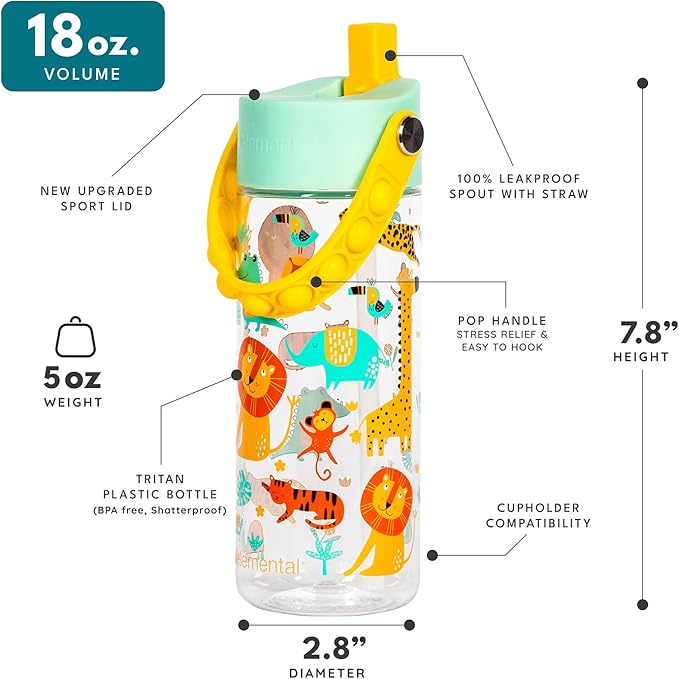 Elemental Water Bottles for Kids - Splash Kids Water Bottle for School with Pop-it Handle - BPA Free Tritan Plastic Water Bottle with Straw Leak Proof when Spout is Closed - Clear Jungle - 18oz