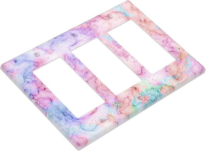 Decorative Switch Plate Covers Cute Marble Texture 3 Gang Triple Rocker Decora Light Switch Cover Pink Purple Gold Abstract Outlet Wall Plate Electrical Faceplate GFCI for Kids Girls Nursery Decor