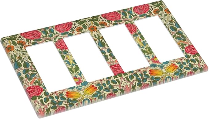 William Morris Roses Floral 4 Gang Light Switch Cover VintageTulip Flower Plant Bird Quad Rocker Outlet Covers Switchplates Decorative Electrical Wall Plate for Bedroom Home Décor