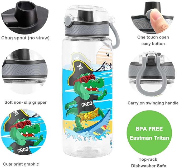 Home Tune Cute Water Bottle for School Kids Girls, BPA FREE Tritan & Leak Proof & Easy Clean & Carry Handle, 23oz/ 680ml (Croc)