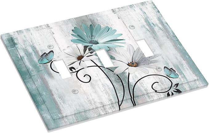 Teal Daisy Vintage Flower Butterfly Rustic Wood Print Decorative Switch Plates 3 Gang Wall Plate Triple Toggle Light Switch Cover Faceplate Electrical Wall Panels for Farmhouse Home Decor