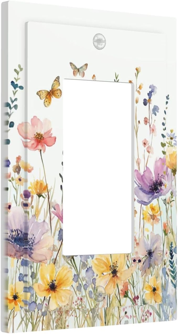 Wildflowers Colorful Flower Butterfly Floral Decorative Outlet Covers 1 Gang Single Rocker Light Switch Cover Plate Wall Plates GFCI Faceplate for Farmhouse Bedroom Decor