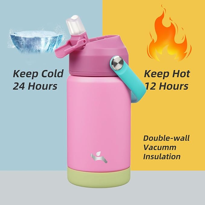 Konokyo Insulated Water Bottle with Straw Lid,12 oz Stainless Steel Vacuum Metal Bottle with Silicone Handle,Rose Pink