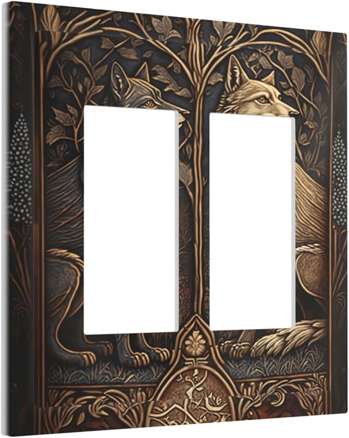Medieval Wolves Animal Vintage Print Decorative Outlet Covers 2 Gang Double GFCI Rocker Electrical Wall Panels Light Switch Cover Plate for Farmhouse Home Decor