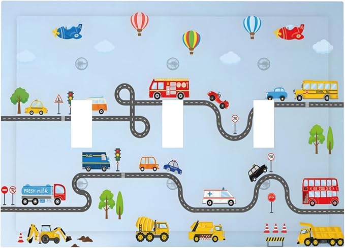 Road Construction Car Truck Hot Air Balloon Decorative Switch Plates 3 Gang Wall Plate Triple Toggle Light Switch Cover Faceplate Electrical Wall Panels for Nursery Kids Room Decor
