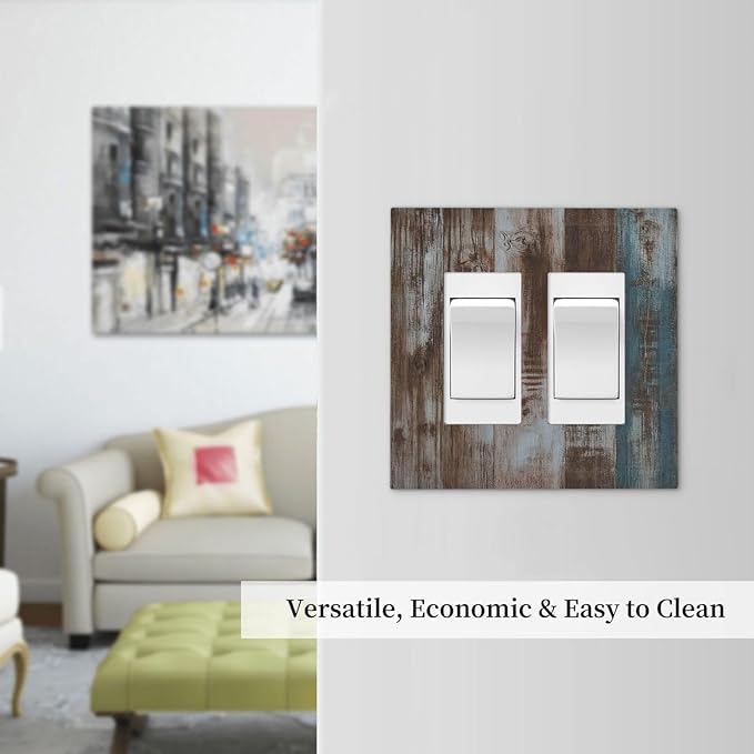 Vintage Blue Brown Wood Grain Decorative Outlet Covers 2 Gang Double Gfci Rocker Electrical Wall Panels Light Switch Cover Plate for Bedroom Farmhouse Decor