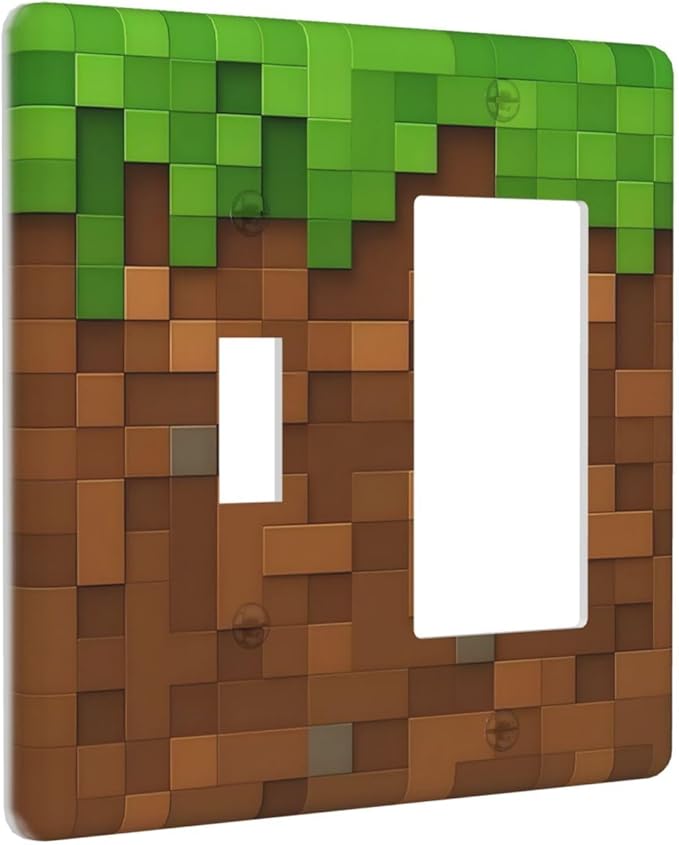 Pixel Style Gamer Themed Grass Block Outlet Covers 1 Toggle 1 Rocker Combination Decorative Wall Plate Electrical Switch Plates Light Switch Cover Plate for Kids Room Office Home Decor