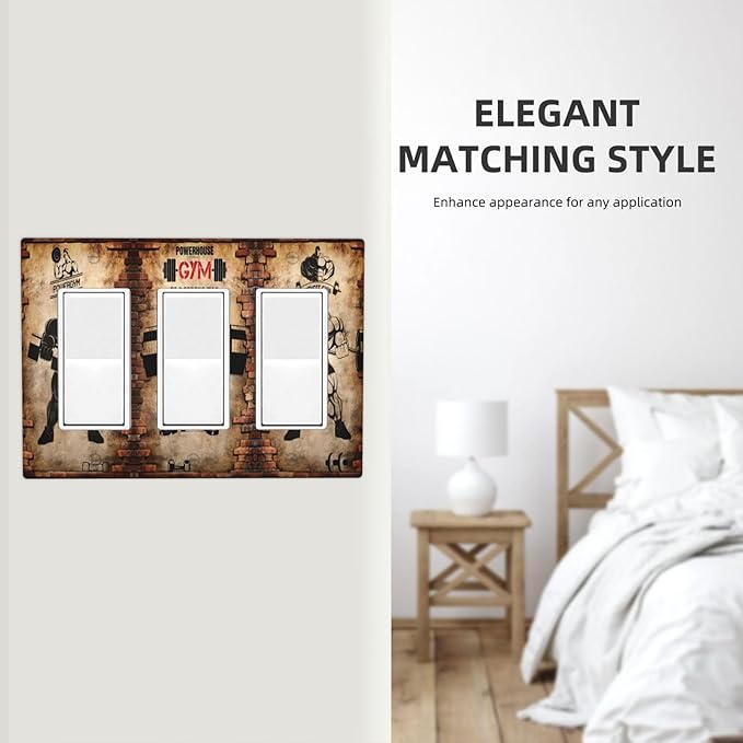 Vintage Gym Retro Brick Dumbbell Triple Rocker Wall Plates Light Switch Plate Covers Decorative GFCI Lightswitch Faceplate Dimmer for Bedroom Kidroom Bathroom Gyms Decor