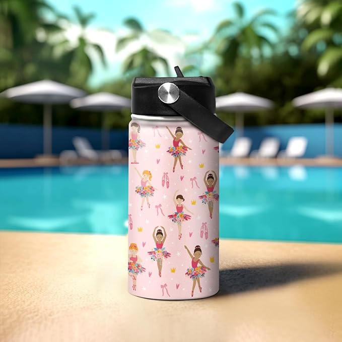 Kids Water Bottle Ballet Water Bottles 12oz with Straw Insulated Stainless Steel Travel School Tumbler Double Wall Vacuum Cup for Girls Kid