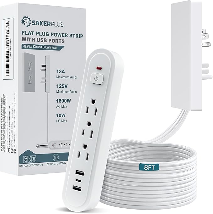 Sakerplus Outlet Concealer Power Strip-Outlet Cover Extender Outlets-8ft Flat Plug Extension Cord,Universal Size,1625W for Kitchen, Home and Office (8ft (Multi Ports,3 AC,2 USB&Type-C))
