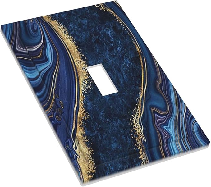 Abstract Navy Blue Marble 1 Gang Light Switch Plate Decorate Single Toggle Wall Plate Cover Electrical Switchplate Faceplate Modern Luxury Art Agate Stone Watercolor Gold Line Boys Bedroom Room Decor