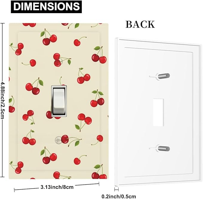 Sweet Cherry Blossom 1-Gang Toggle Light Switch Plate, Cute Cherry Duo Retro Cherry Print Decorative Wall Plate for Girls Room Decor