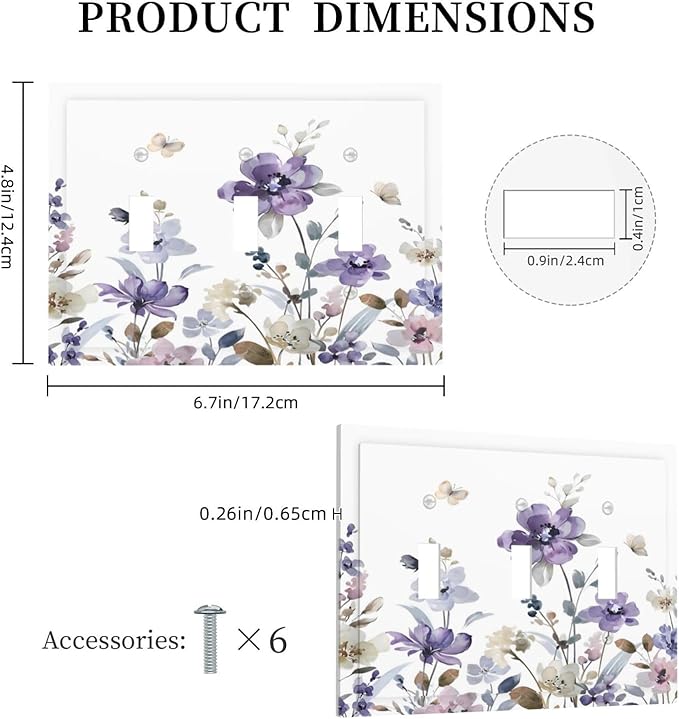 Purple Watercolor Flower Floral Butterfly Decorative Switch Plates 3 Gang Wall Plate Triple Toggle Light Switch Cover Faceplate Electrical Wall Panels for Bedroom Living Room Decor