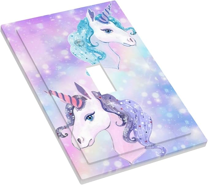 Colorful Purple/Blue Rainbow Unicorn Decorative Light Switch Cover 1-Gang Cute Kid Girl Girly Fantasy Kawaii Stars Single Toggle Wall Plate Electrical Device Outlet Switch Faceplate Cover Jumbo Size