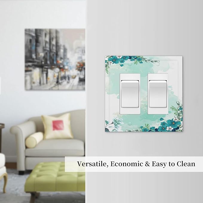 Decorative Outlet Covers Blue Green Flowers Light Green Watercolor Patterns 2 Gang Double GFCI Rocker Electrical Wall Panels Light Switch Cover Plate for Bedroom Home Decor