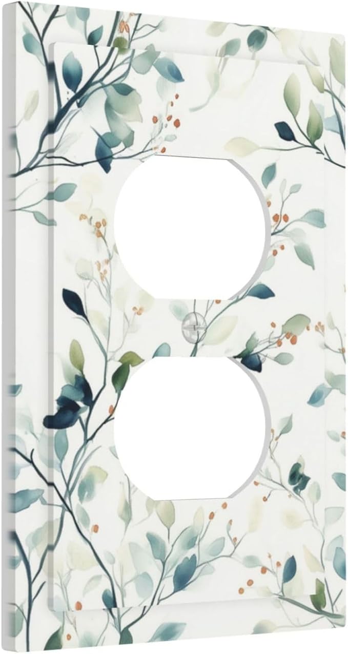 Watercolor Floral Green Leaves 1 Gang Electrical Duplex Outlet Covers Green Botanical Flowers Light Switch Cover Receptacle Wall Plate Decorative Faceplate for Country Bedroom Home Decor