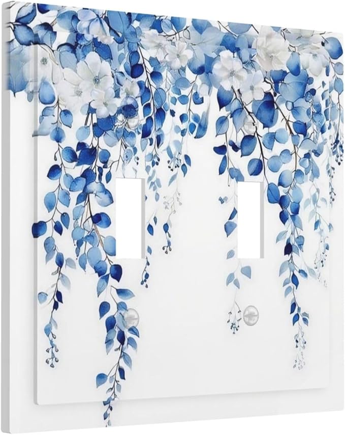 Blue Eucalyptus Leaves Floral Vine Flower Decorative Switch Plates 2 Gang Double Toggle Outlet Light Switch Cover Wall Plate Electrical Faceplate for Bedroom Living Room Decor