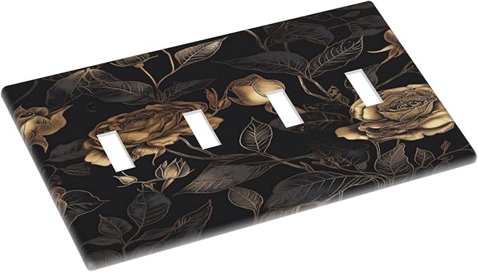 Black Floral Dark Vintage Gold Rose Flower Light Switch Covers Quad Toggle Electrical Faceplate 4 Gang Wall Plate Decorative Switch Plates Cover for Bedroom Living Room Decor