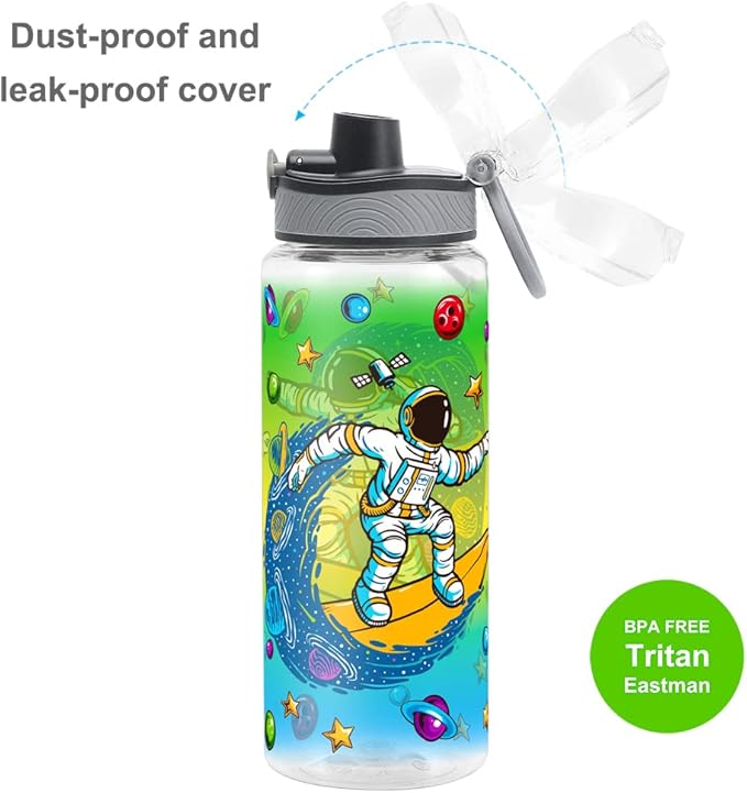 Home Tune Cute Water Bottle for School Kids Girls, BPA FREE Tritan & Leak Proof & Easy Clean & Carry Handle, 23oz/ 680ml - Space Man