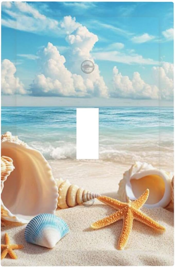 Beach Coastal Seashore Sea Starfish Shell Sand Decorative Light Switch Cover 1 Gang Single Toggle Device Electrical Faceplate Switchplates Decorator Outlet Wall Plate for Bathroom Home Decor
