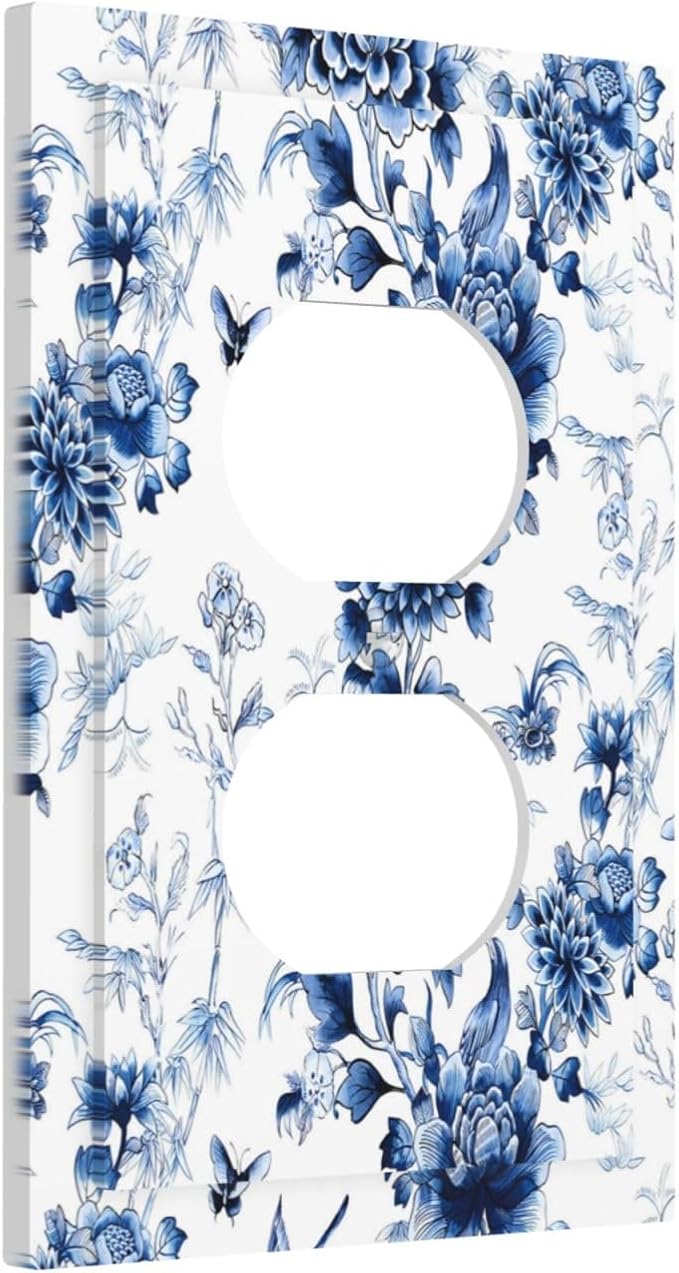 Blue Flower White Floral Plant Bird Butterfly Outlet Covers 1 Gang Duplex Light Switch Cover Decorative Switch Plates Electrical Receptacle Faceplate Wall Plate for Bedroom Living Room Decor
