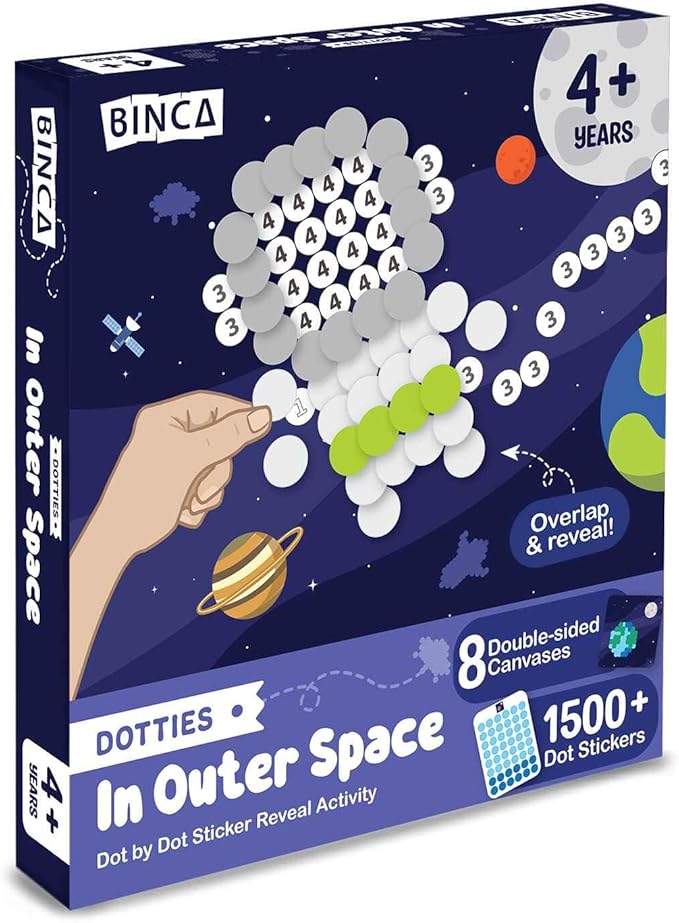 BINCA Dotties Dot Art Activity Kit - Space, 1500+ Stickers, Mess-Free Activities, DIY Dot Sticker Art, Kids Travel Activities, Gifts for Boys & Girls Ages 4,5,6,7