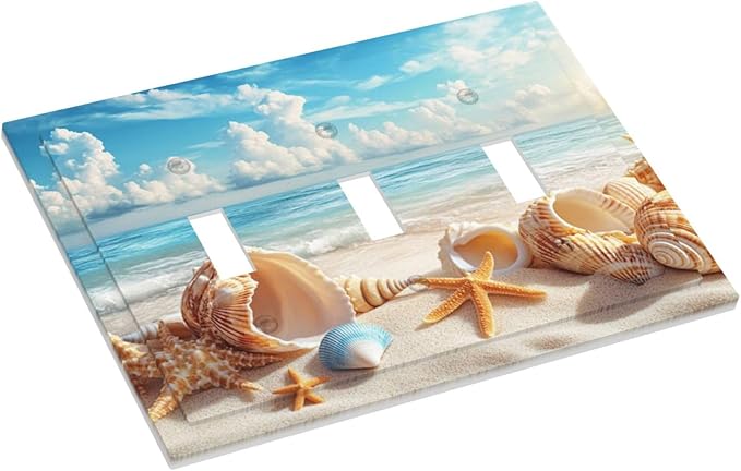 Beach Coastal Seashore Sea Starfish Shell Sand Decorative Switch Plates 3 Gang Wall Plate Triple Toggle Light Switch Cover Faceplate Electrical Wall Panels for Bathroom Home Decor