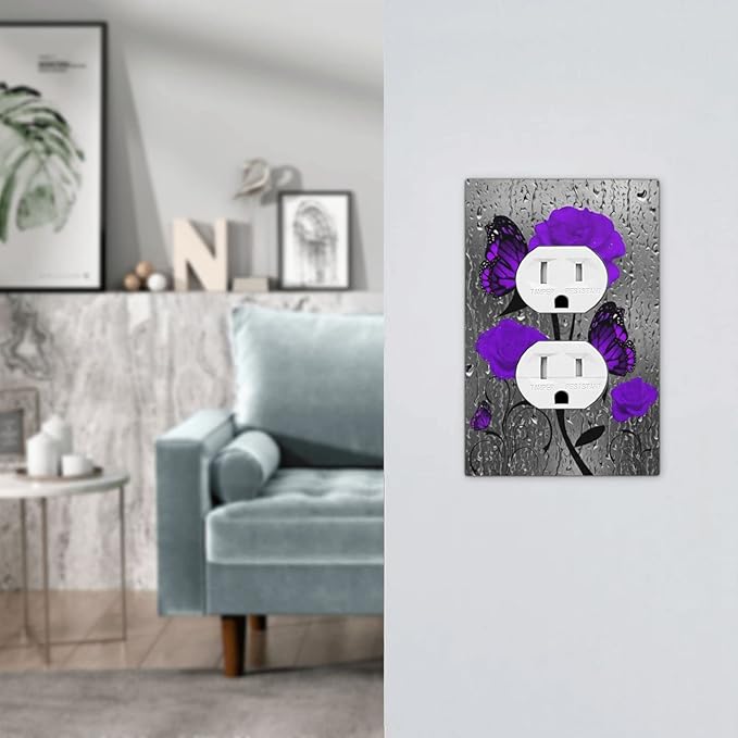 Purple Rose Butterfly Flower 1 Gang Electrical Outlet Cover Single Duplex Receptacle Jumbo Plug Wall Plate Lovers/Valentine's Day Sliver Grey Butterfly Purple Floral Room Decor Accessories Faceplate