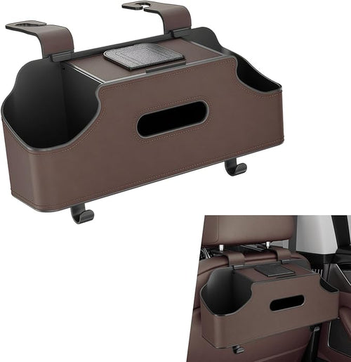 1 PC Car Seat Back Organizer, Multi-Function Tissue Storage Box with 2 Drink Cup Holders, Hanging Kids and Travel Accessories, Universal for Water Cup Phone Umbrella Bag (Brown)