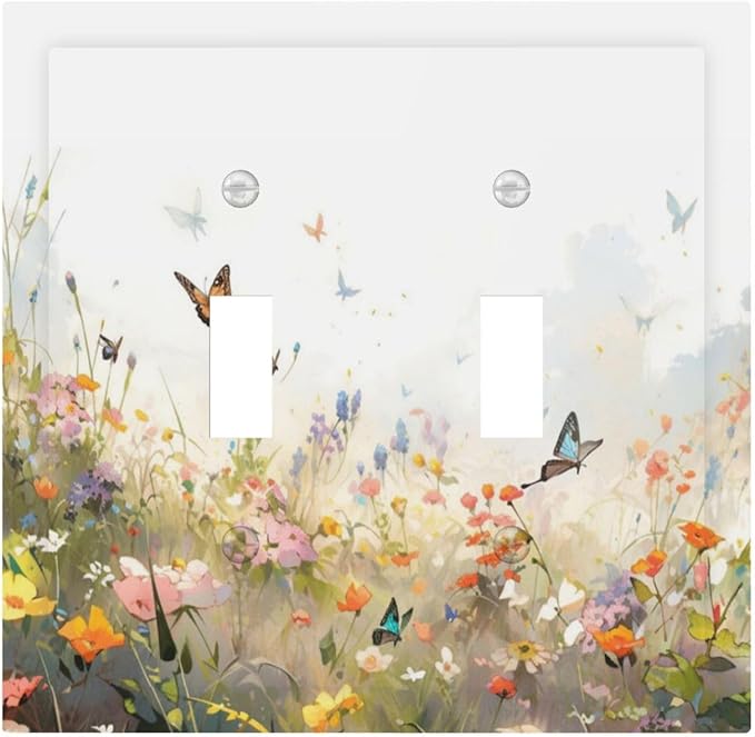 Wildflowers Watercolor Floral Colorful Butterfly Decorative Switch Plates 2 Gang Double Toggle Outlet Light Switch Cover Wall Plate Electrical Faceplate for Farmhouse Bed Room Decor