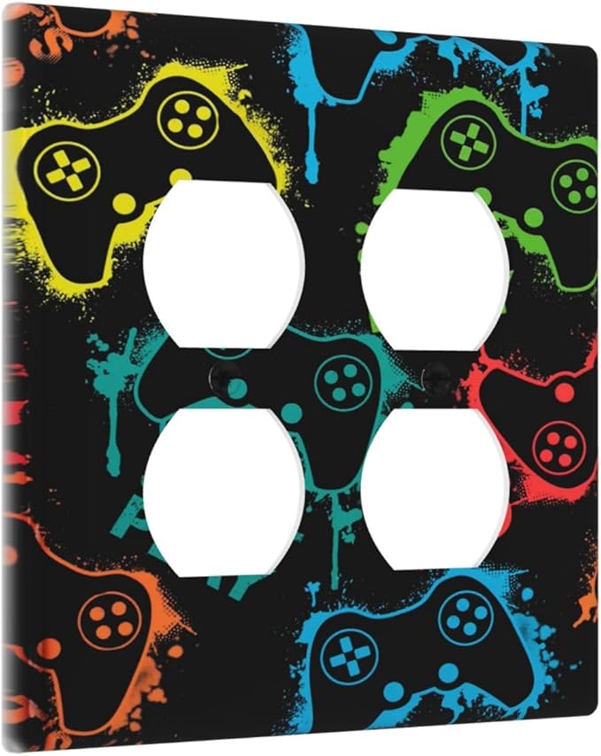 Gaming Hippie Gamer Modern Gamepad Colorful Graffiti Outlet Covers 2 Gang Double Duplex Decorative Light Switch Covers Electrical Wallplates Socket Faceplate for Kids Room Nursery Decor