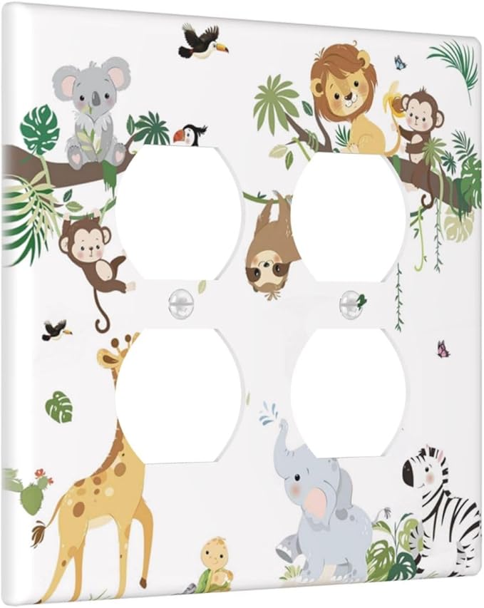 Jungle Animals Tree Branch Monkey Giraffe Lion Elephant Outlet Covers 2 Gang Double Duplex Decorative Light Switch Covers Electrical Wallplates Socket Faceplate for Kids Room Nursery Decor