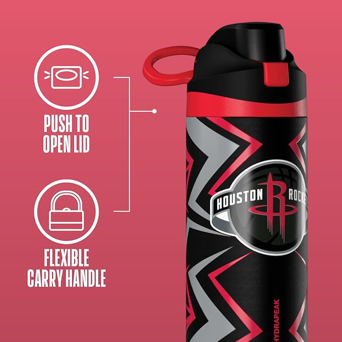 Hydrapeak x NBA Officially Licensed Houston Rockets Oasis 20 oz Insulated Kids Water Bottle, Stainless Steel Water Bottle Kids with Chug Lid, Push Button