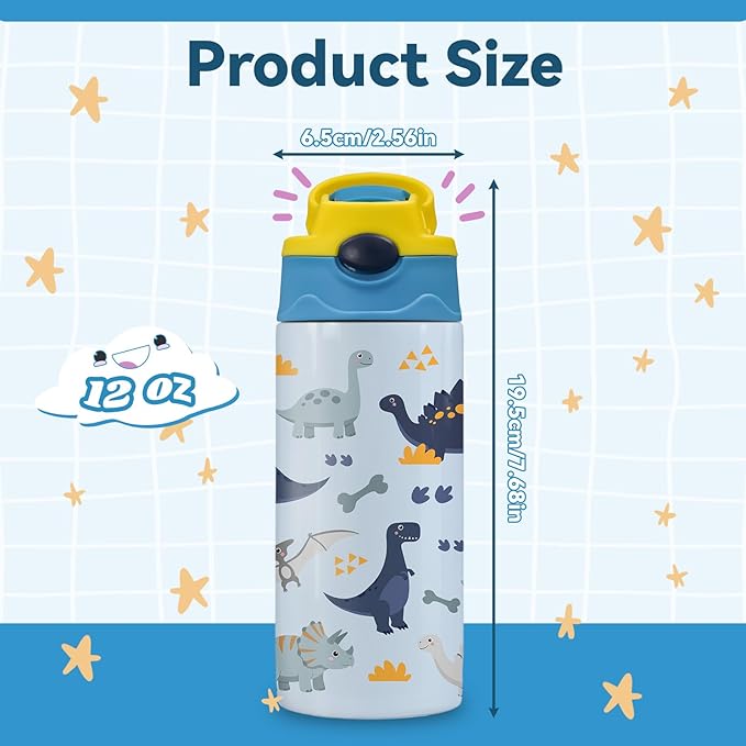 12oz Dinosaur Kids Water Bottle, Cute Dino Water Bottle for School, Kids Insulated Bottles with Straw & Handle, Leak-Proof, BPA-free, Straw Lid, Stainless Steel for Travel Gift Cup for Boys (1pc)
