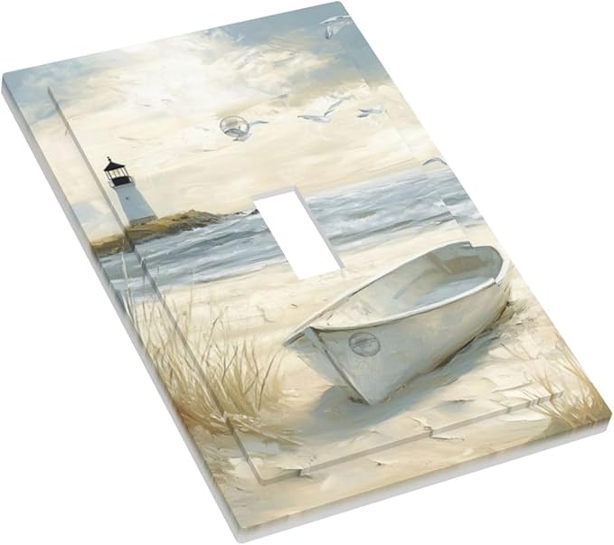 Sea Beach 1 Gang Light Switch Cover Single Toggle Wall Plate Old Ship Reed Lighthouse Seascape Decorative Electrical Switchplate Covers for Country Bedroom Kitchen Living Room Decor