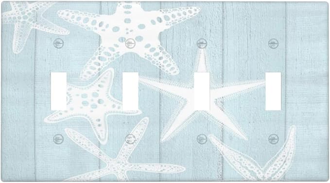 Beach Starfish Vintage Wood Rustic Country Ocean Light Switch Covers Quad Toggle Electrical Faceplate 4 Gang Wall Plate Decorative Switch Plates Cover for Farmhouse Kids Room Decor