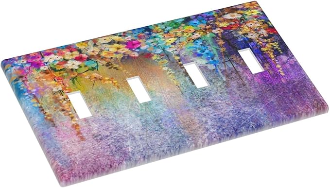 Colorful Floral Watercolor Flower Quad Toggle Light Switch Cover Decorative Purple Garden 4 Gang Wall Plate Electrical Faceplate Switchplate for Farmhouse Bathroom Bedroom Living Room Decor