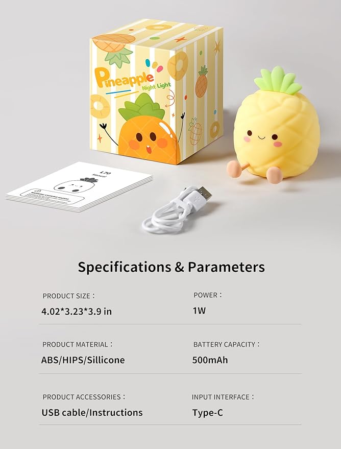 Pineapple Night Light for Kids, Nursery Night Light, Bedside Touch Lamp, Cute Silicone Nightlight for Baby Toddler, 3 Level Dimmable, Christmas Gift for Baby,Adults,Toddler Girl Room Decor